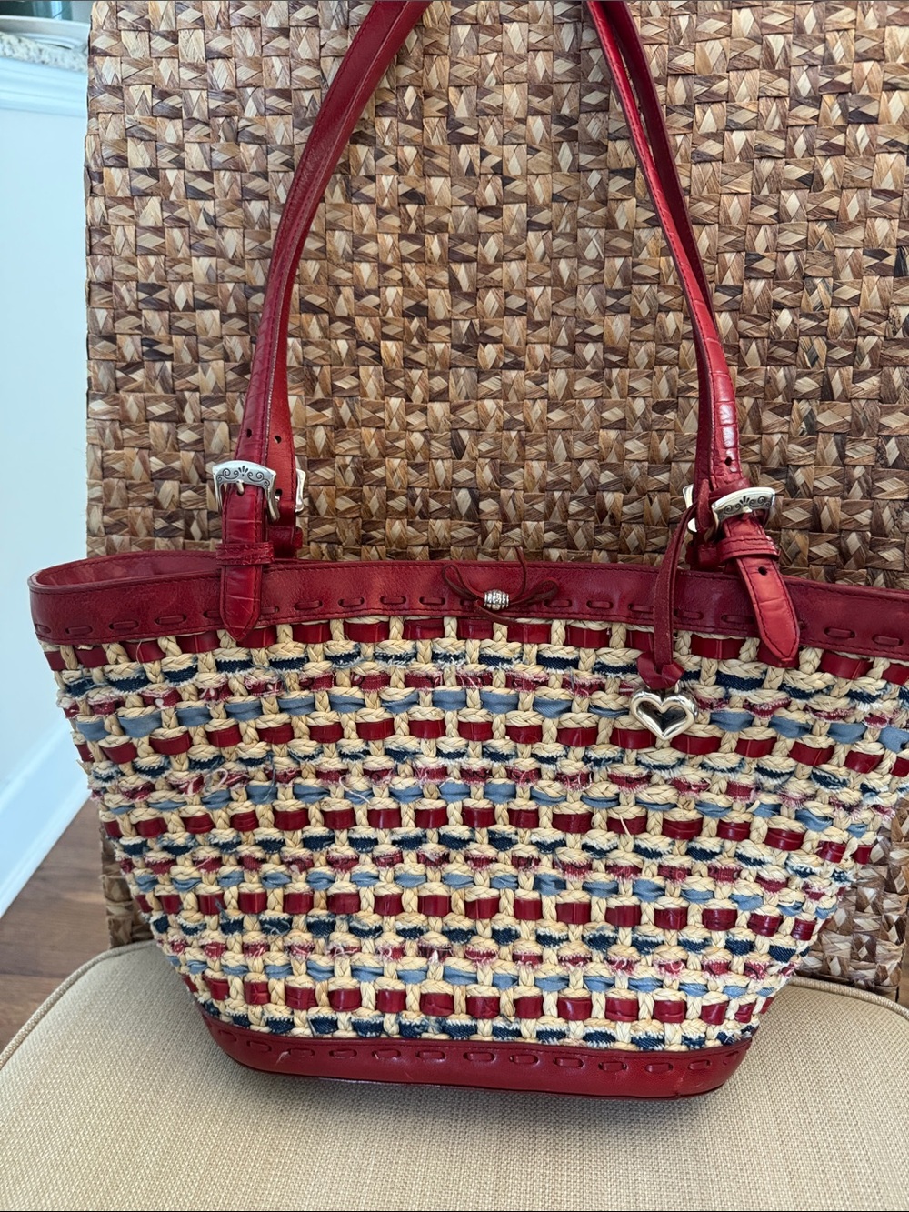 Red Woven Straw Tote Bag with Heart Charm